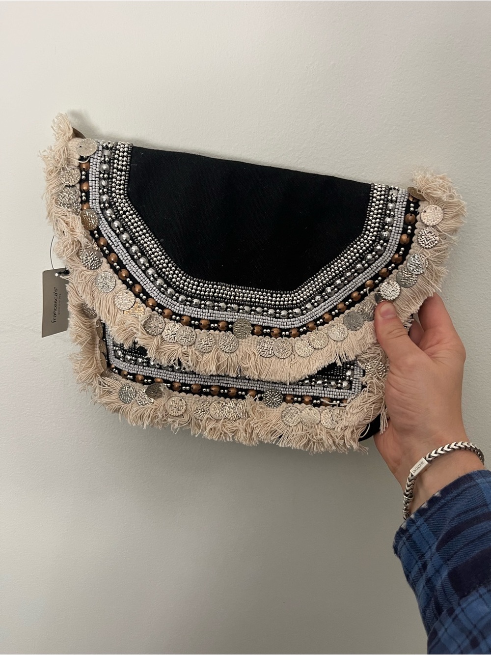 Francesca’s Boho Embellished Black Fringe Clutch